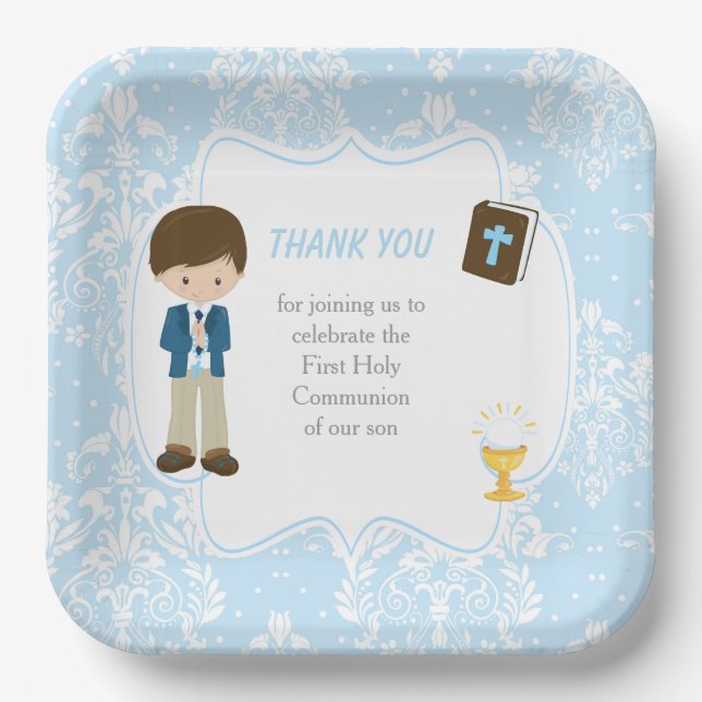 First Communion Brunette Hair Boy Thank You Paper Plates (Front)
