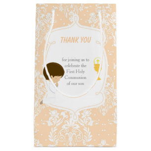 First Communion Brunette Hair Boy Thank You Small Gift Bag