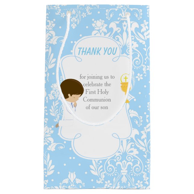 First Communion Brunette Hair Boy Thank You Small Gift Bag (Front)