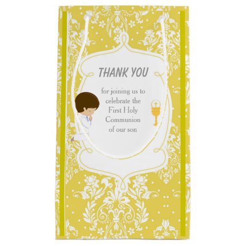 First Communion Brunette Hair Boy Thank You Small Gift Bag