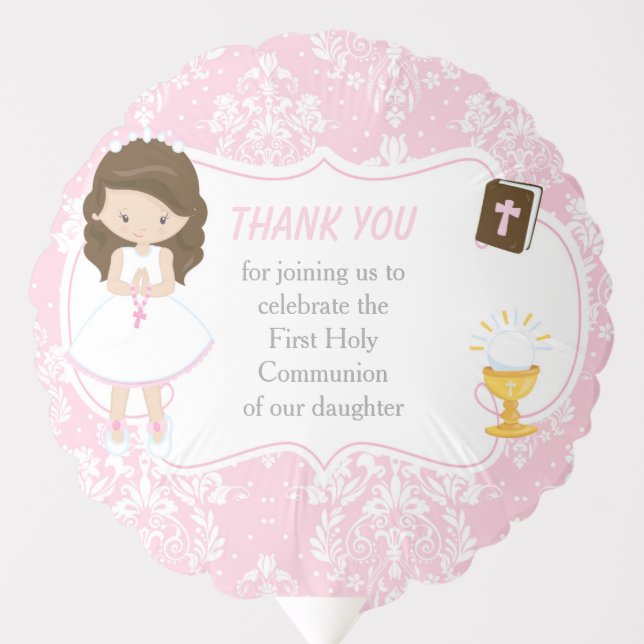 First Communion Brunette Hair Girl Thank You Balloon (Front)