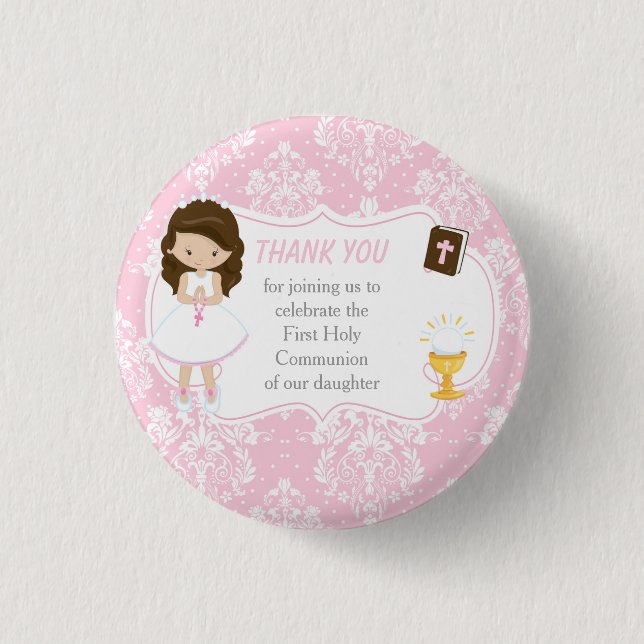 First Communion Brunette Hair Girl Thank You Button (Front)