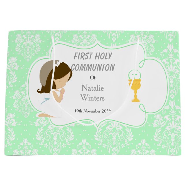 First Communion Brunette Hair Girl Thank You Large Gift Bag (Front)