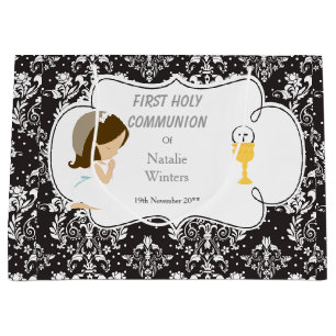 First Communion Brunette Hair Girl Thank You Large Gift Bag