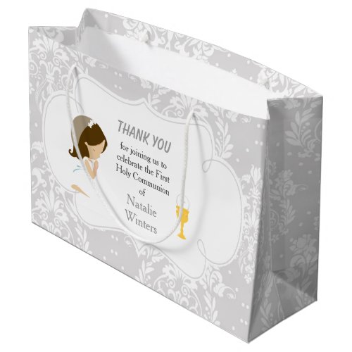 First Communion Brunette Hair Girl Thank You Large Gift Bag