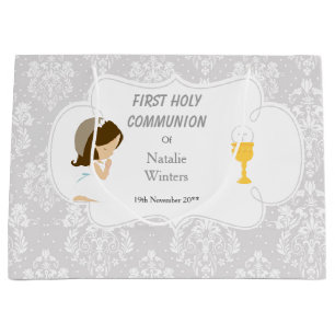 First Communion Brunette Hair Girl Thank You Large Gift Bag
