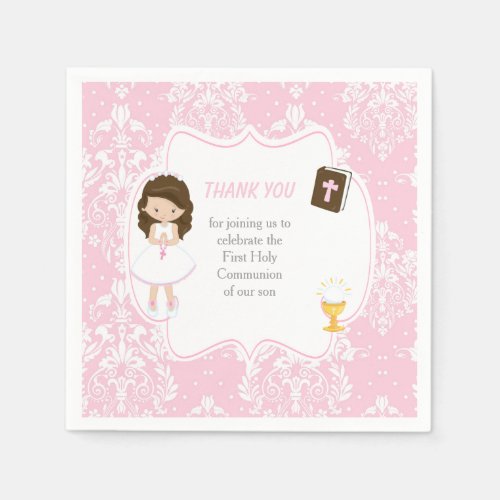 First Communion Brunette Hair Girl Thank You
