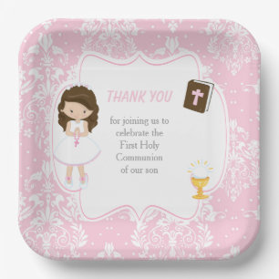 First Communion Brunette Hair Girl Thank You Paper Plates