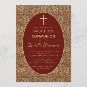 First Communion Burgundy Gold Roses Elegant Red Invitation