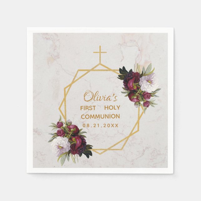First Communion Burgundy Peony Marble Gold Floral Napkins (Front)