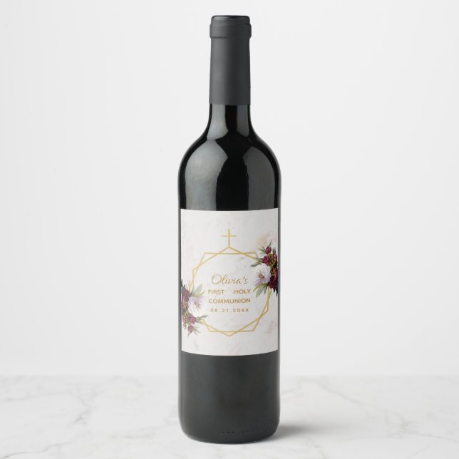 First Communion Burgundy Peony Marble Gold Floral Wine Label (Front)