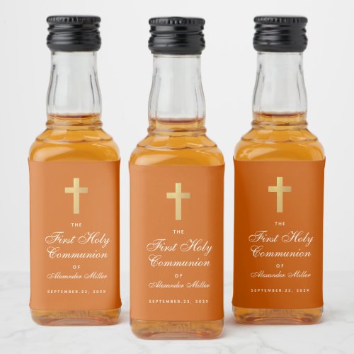 First Communion Burnt Orange Faux Gold Foil Cross Liquor Bottle Label