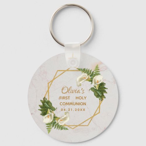 First Communion Calla Lilies Floral Gold Marble Keychain