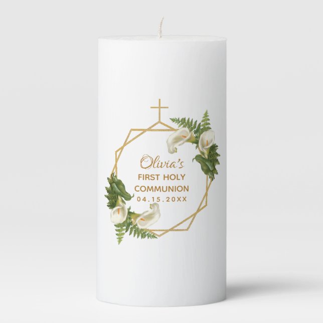 First Communion Calla Lilies Gold Floral Geometric Pillar Candle (Front)
