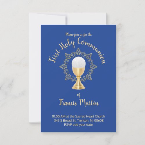 First Communion Catholic boy blue background Invitation