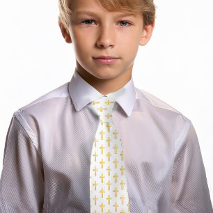 First Communion Catholic Cross Faux Gold Pattern  Neck Tie