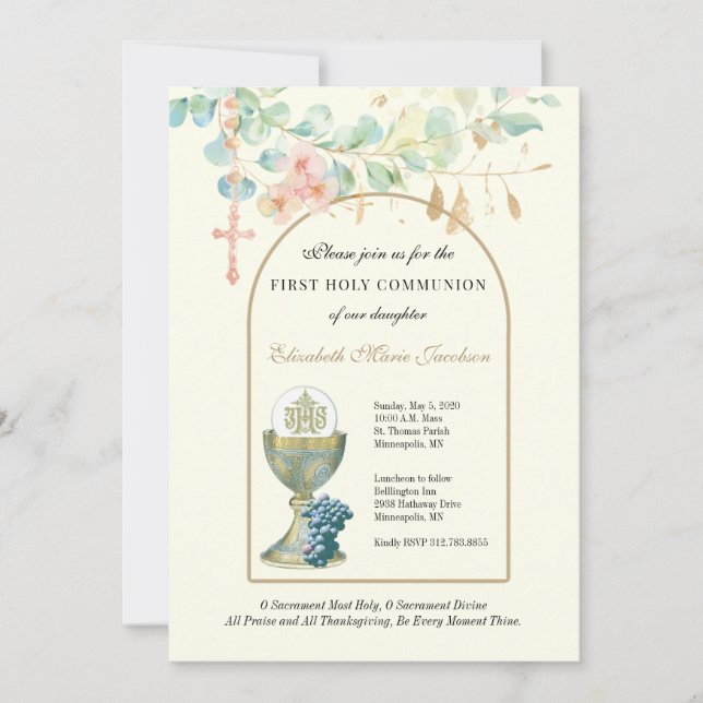 First Communion Catholic Floral Eucalyptus Invitation (Front)