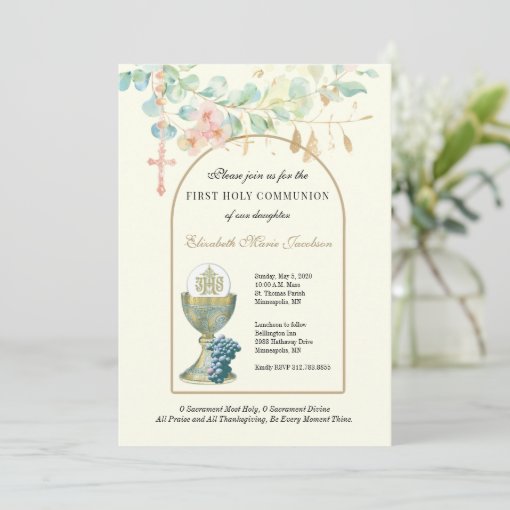 First Communion Catholic Floral Eucalyptus Invitation | Zazzle