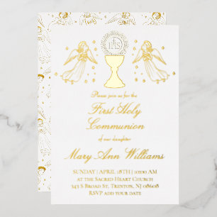 First Communion catholic girl golden angels design Foil Invitation