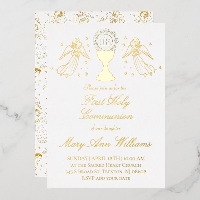 First Communion catholic girl golden angels design Foil Invitation (Front/Back)