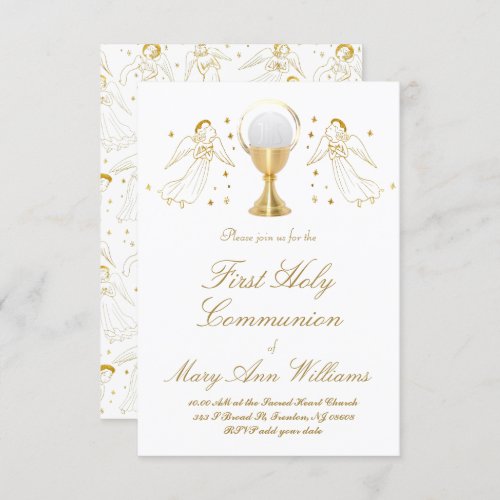 First Communion catholic girl golden angels design Invitation