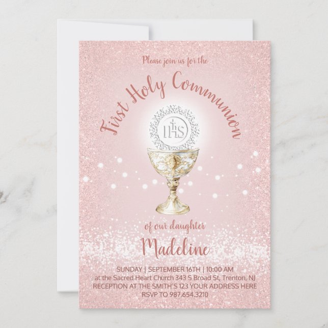 First Communion Catholic girl pink Invitation (Front)