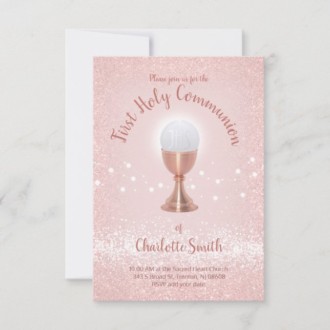First Communion Catholic girl pink Invitation (Front)
