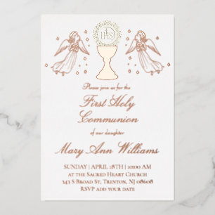 First Communion catholic girl rose gold angels  Foil Invitation