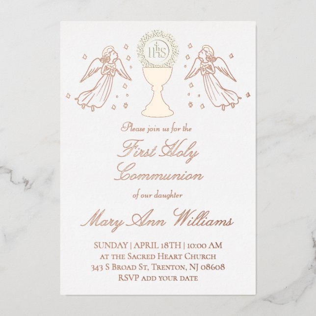 First Communion catholic girl rose gold angels  Foil Invitation (Front)