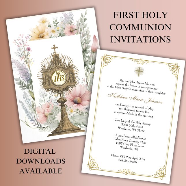 First Communion Catholic Monstrance Floral  Invitation (Creator Uploaded)