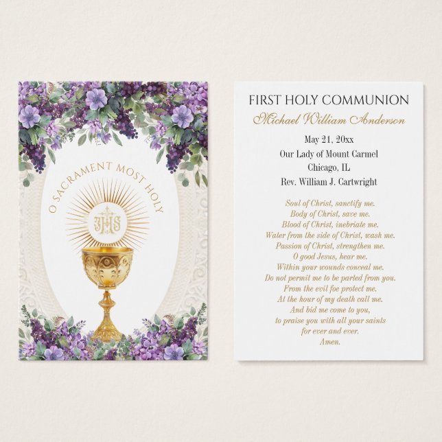 First  Communion Catholic Remembrance Holy Card (Front & Back)