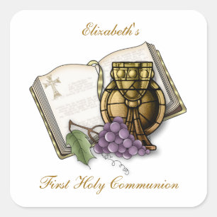 First Communion Chalice, Bible, Grapes Square Sticker