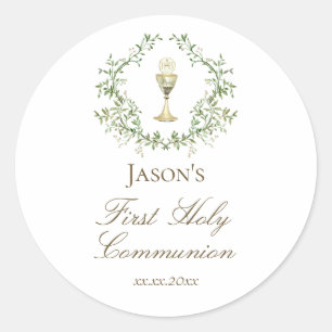 First Communion chalice crest greenery Classic Round Sticker