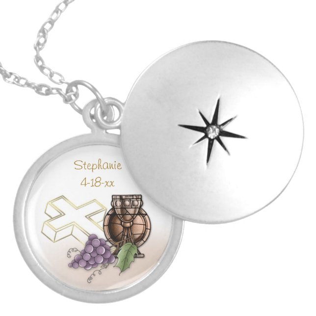 First Communion Chalice, Cross, Grapes Locket Necklace (Front)