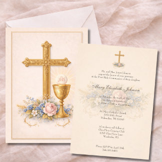 First Communion Chalice Host  Floral  Invitation