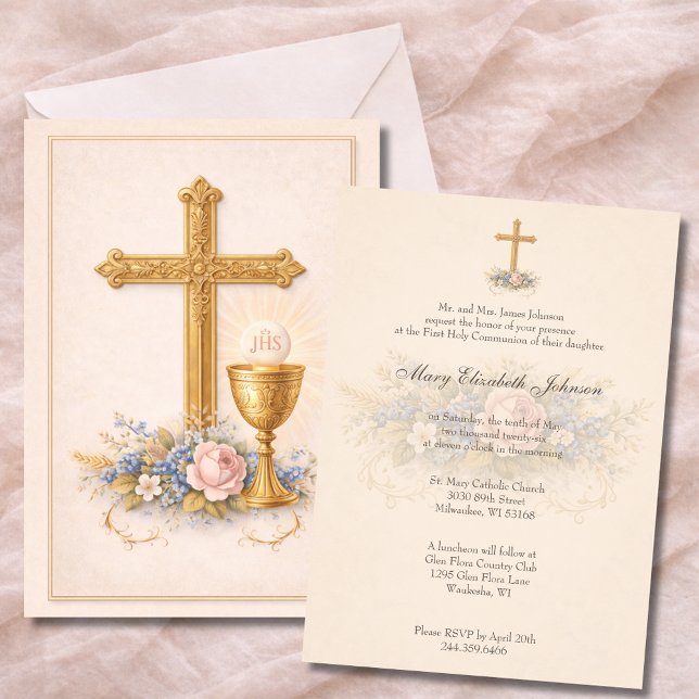 First Communion Chalice Host  Floral  Invitation (Creator Uploaded)