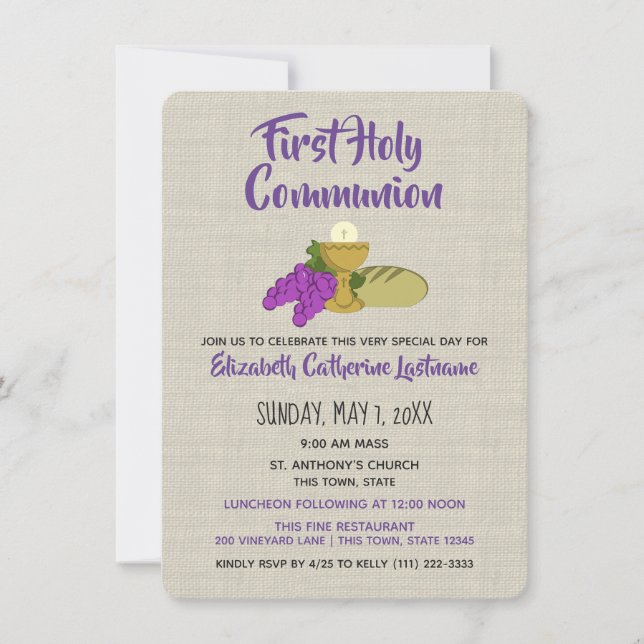 First Communion Chalis Grapes Bread Invitation (Front)