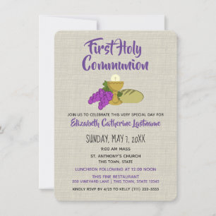 First Communion Chalis Grapes Bread Invitation