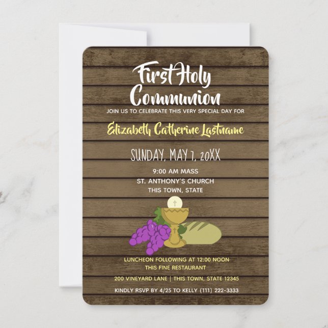 First Communion Chalis Grapes Bread Invitation (Front)