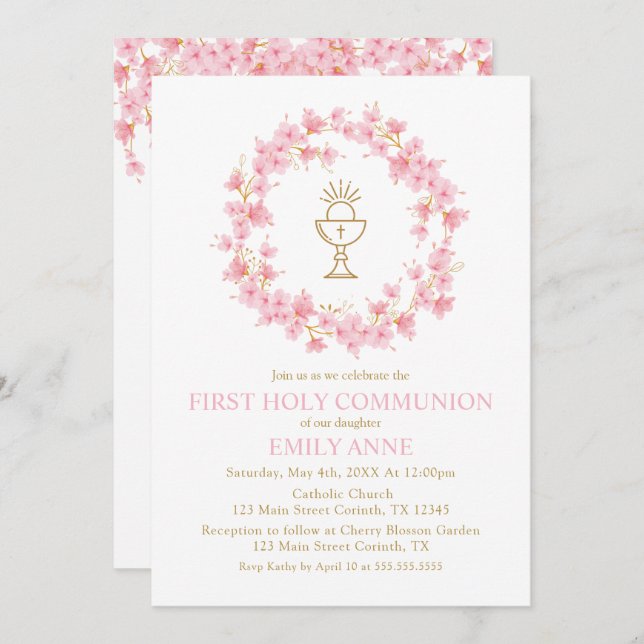 First Communion Cherry Blossom floral Invitation  (Front/Back)