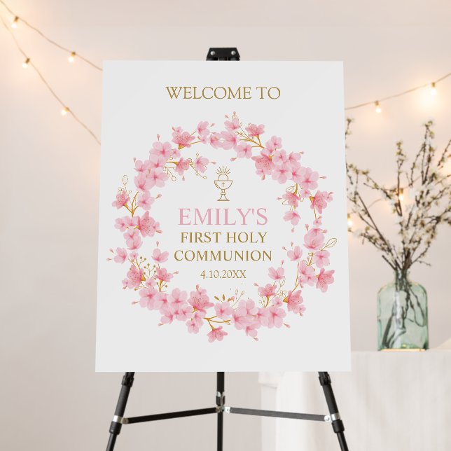 First Communion Cherry Blossom floral Welcome sign (In Situ (Stand))
