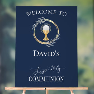 First Communion classic blue and faux gold circle Acrylic Sign