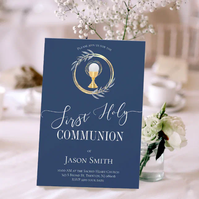 First Communion classic blue and faux gold Invitation | Zazzle