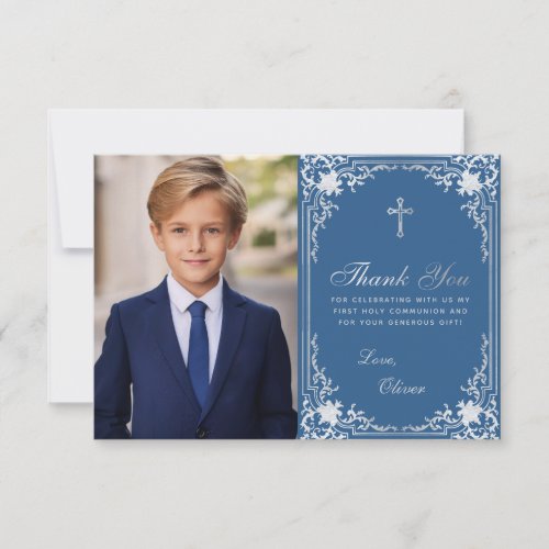 First Communion Classic Blue Boy Photo Vintage Thank You Card