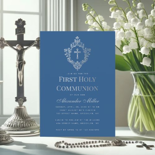 First Communion Classic Blue Faux Silver Crest Boy Invitation