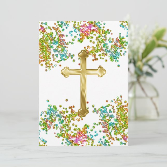 First Communion Colorful Glittery Invitation (Standing Front)