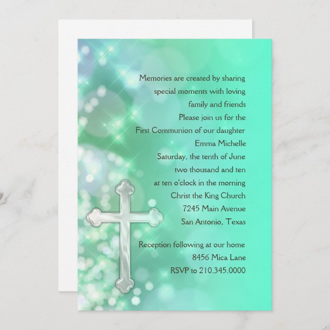 First Communion/Confirmation  Aqua Sparkle Invitation (Front/Back)