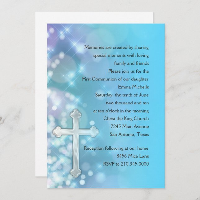 First Communion/Confirmation Blue Sparkle Invitation (Front/Back)