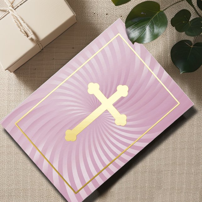 First Communion / Confirmation Pink Swirl Cross Foil Invitation (Creator Uploaded)