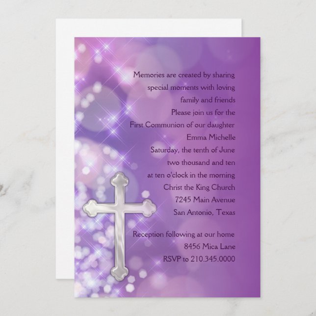 First Communion/Confirmation Purple Sparkle Invitation (Front/Back)